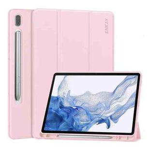 For Samsung Galaxy Tab S9 ENKAY Tri-fold Custer Leather TPU Bottom Smart Case with Pen Slot(Pink)