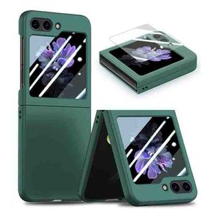 For Samsung Galaxy Z Flip5 JUNSUNMAY 9H Tempered Glass Protector Folding PC Phone Case(Dark Green)