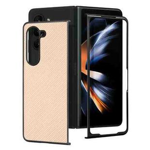 For Samsung Galaxy Z Fold5 JUNSUNMAY Carbon Fiber Pattern Leather Skin PC Folding Phone Case(Khaki)