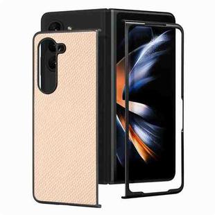 For Samsung Galaxy Z Fold6 JUNSUNMAY Carbon Fiber Pattern Leather Skin PC Folding Phone Case(Khaki)