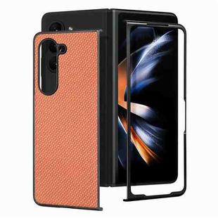 For Samsung Galaxy Z Fold6 JUNSUNMAY Carbon Fiber Pattern Leather Skin PC Folding Phone Case(Brown)