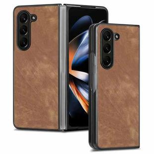 For Samsung Galaxy Z Fold5 JUNSUNMAY Retro Pattern Leather Skin PC Folding Phone Case(Brown)