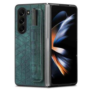 For Samsung Galaxy Z Fold5 JUNSUNMAY Retro Pattern Leather Skin PC Folding Phone Case with Pen Slot(Green)