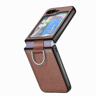 For Samsung Galaxy Z Flip5 JUNSUNMAY Litchi Leather Skin PC Folding Phone Case with Phone Ring(Brown)