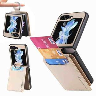For Samsung Galaxy Z Flip5 JUNSUNMAY Lichee Pattern Leather Skin PC Folding Phone Case with Pen Slot(Khaki)