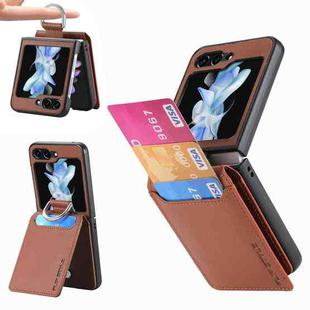 For Samsung Galaxy Z Flip5 JUNSUNMAY Lichee Pattern Leather Skin PC Folding Phone Case with Pen Slot(Brown)