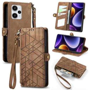 For Redmi Note 12 Turbo Geometric Zipper Wallet Side Buckle Leather Phone Case(Brown)
