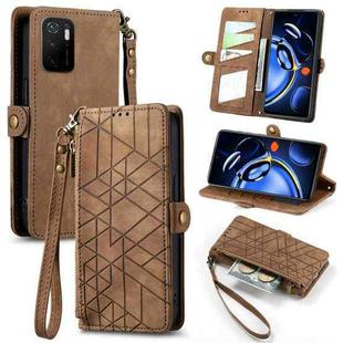 For Xiaomi Redmi Note 11SE Geometric Zipper Wallet Side Buckle Leather Phone Case(Brown)