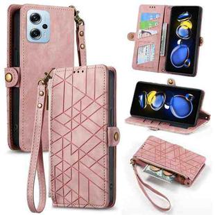 For Xiaomi Redmi Note 11T Pro Geometric Zipper Wallet Side Buckle Leather Phone Case(Pink)