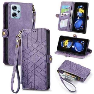 For Xiaomi Redmi Note 11T Pro Geometric Zipper Wallet Side Buckle Leather Phone Case(Purple)