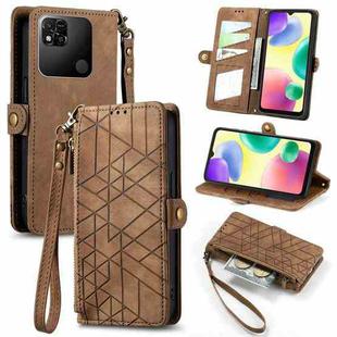 For Xiaomi Redmi 10A Geometric Zipper Wallet Side Buckle Leather Phone Case(Brown)