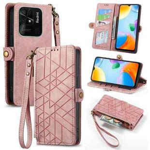 For Xiaomi Redmi 10C Geometric Zipper Wallet Side Buckle Leather Phone Case(Pink)