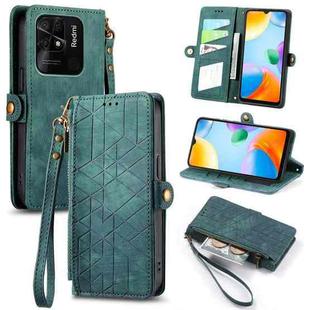 For Xiaomi Redmi 10C Geometric Zipper Wallet Side Buckle Leather Phone Case(Green)