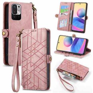 For Xiaomi Redmi 10 Geometric Zipper Wallet Side Buckle Leather Phone Case(Pink)