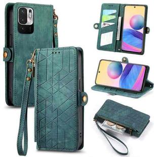 For Xiaomi Redmi 10 Geometric Zipper Wallet Side Buckle Leather Phone Case(Green)