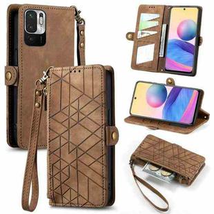 For Xiaomi Redmi 10 Geometric Zipper Wallet Side Buckle Leather Phone Case(Brown)