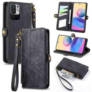 For Xiaomi Redmi 10 Geometric Zipper Wallet Side Buckle Leather Phone Case(Black)