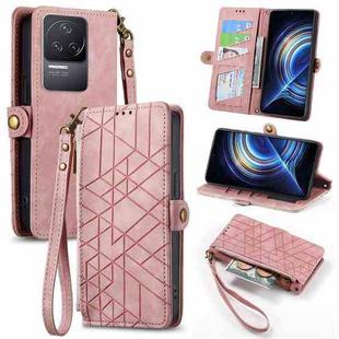 For Xiaomi Redmi K50 Geometric Zipper Wallet Side Buckle Leather Phone Case(Pink)