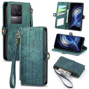 For Xiaomi Redmi K50 Geometric Zipper Wallet Side Buckle Leather Phone Case(Green)