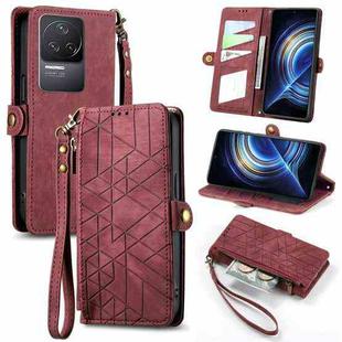 For Xiaomi Redmi K50 Geometric Zipper Wallet Side Buckle Leather Phone Case(Red)
