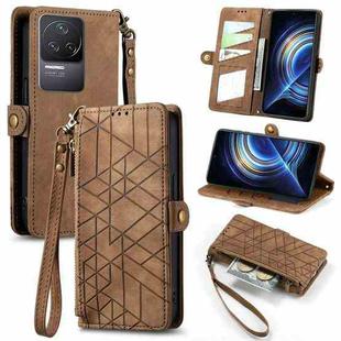 For Xiaomi Redmi K50 Geometric Zipper Wallet Side Buckle Leather Phone Case(Brown)