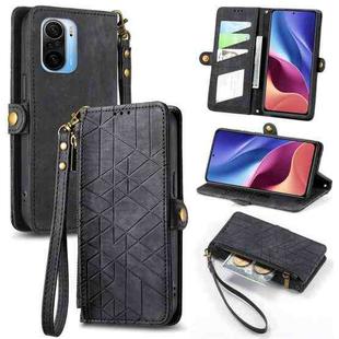 For Xiaomi Redmi K40 Geometric Zipper Wallet Side Buckle Leather Phone Case(Black)