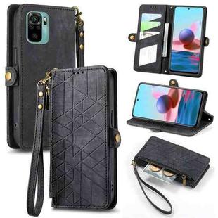 For Xiaomi Redmi Note 10 4G Geometric Zipper Wallet Side Buckle Leather Phone Case(Black)