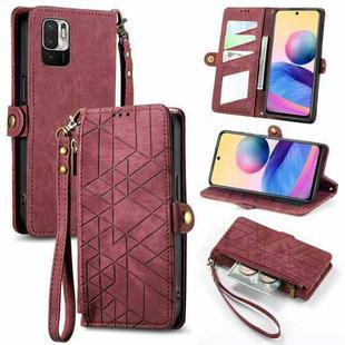 For Xiaomi Redmi Note 10 5G Geometric Zipper Wallet Side Buckle Leather Phone Case(Red)