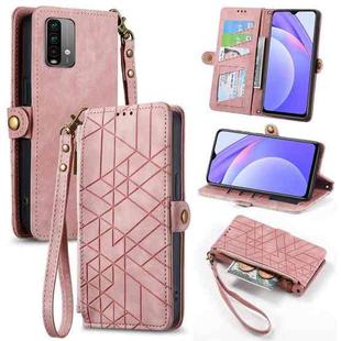 For Xiaomi Redmi Note 9 4G Geometric Zipper Wallet Side Buckle Leather Phone Case(Pink)