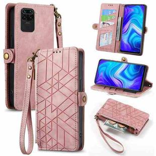For Xiaomi Redmi Note 9 Geometric Zipper Wallet Side Buckle Leather Phone Case(Pink)