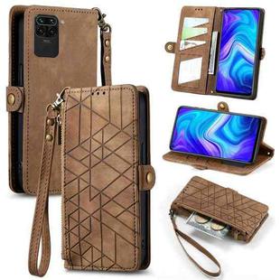 For Xiaomi Redmi Note 9 Geometric Zipper Wallet Side Buckle Leather Phone Case(Brown)