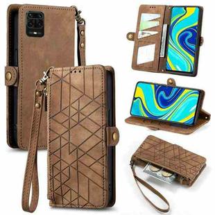 For Xiaomi Redmi Note 9S Geometric Zipper Wallet Side Buckle Leather Phone Case(Brown)