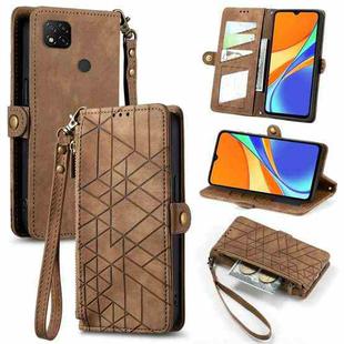 For Xiaomi Redmi 9C Geometric Zipper Wallet Side Buckle Leather Phone Case(Brown)