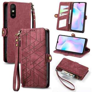 For Xiaomi Redmi 9A Geometric Zipper Wallet Side Buckle Leather Phone Case(Red)