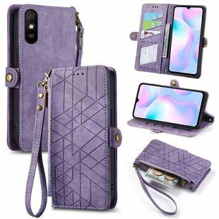 For Xiaomi Redmi 9A Geometric Zipper Wallet Side Buckle Leather Phone Case(Purple)