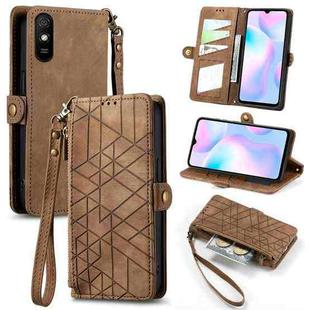 For Xiaomi Redmi 9A Geometric Zipper Wallet Side Buckle Leather Phone Case(Brown)