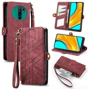 For Xiaomi Redmi 9 Geometric Zipper Wallet Side Buckle Leather Phone Case(Red)