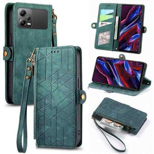 For Xiaomi Poco X5 Geometric Zipper Wallet Side Buckle Leather Phone Case(Green)