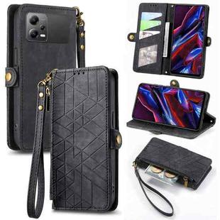 For Xiaomi Poco X5 Geometric Zipper Wallet Side Buckle Leather Phone Case(Black)