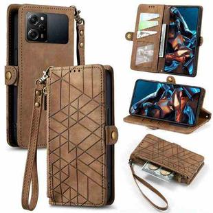 For Xiaomi Poco X5 Pro Geometric Zipper Wallet Side Buckle Leather Phone Case(Brown)