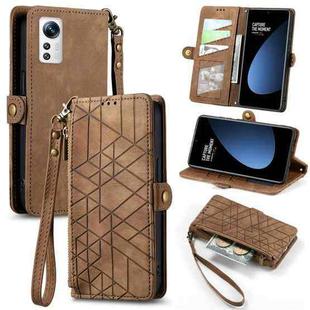 For Xiaomi 12S Geometric Zipper Wallet Side Buckle Leather Phone Case(Brown)