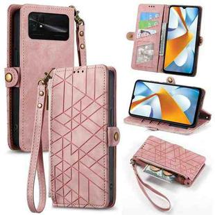 For Xiaomi Poco C40 Geometric Zipper Wallet Side Buckle Leather Phone Case(Pink)