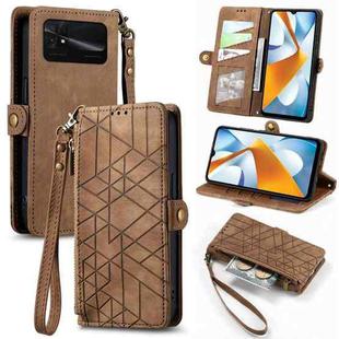 For Xiaomi Poco C40 Geometric Zipper Wallet Side Buckle Leather Phone Case(Brown)