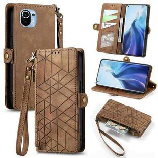 For Xiaomi 11 Geometric Zipper Wallet Side Buckle Leather Phone Case(Brown)