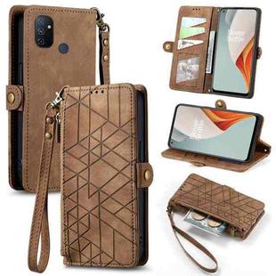 For OnePlus Nord N100 Geometric Zipper Wallet Side Buckle Leather Phone Case(Brown)