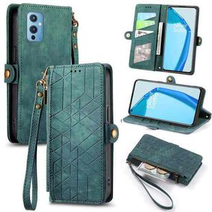 For OnePlus 9 Geometric Zipper Wallet Side Buckle Leather Phone Case(Green)