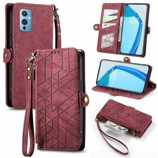 For OnePlus 9 Geometric Zipper Wallet Side Buckle Leather Phone Case(Red)