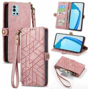 For OnePlus 9R Geometric Zipper Wallet Side Buckle Leather Phone Case(Pink)