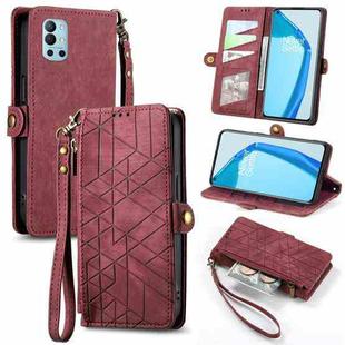 For OnePlus 9R Geometric Zipper Wallet Side Buckle Leather Phone Case(Red)