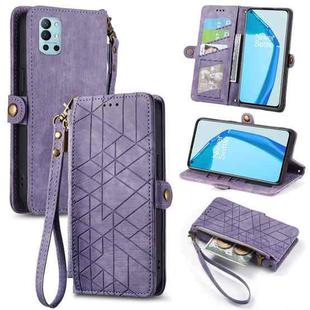 For OnePlus 9R Geometric Zipper Wallet Side Buckle Leather Phone Case(Purple)